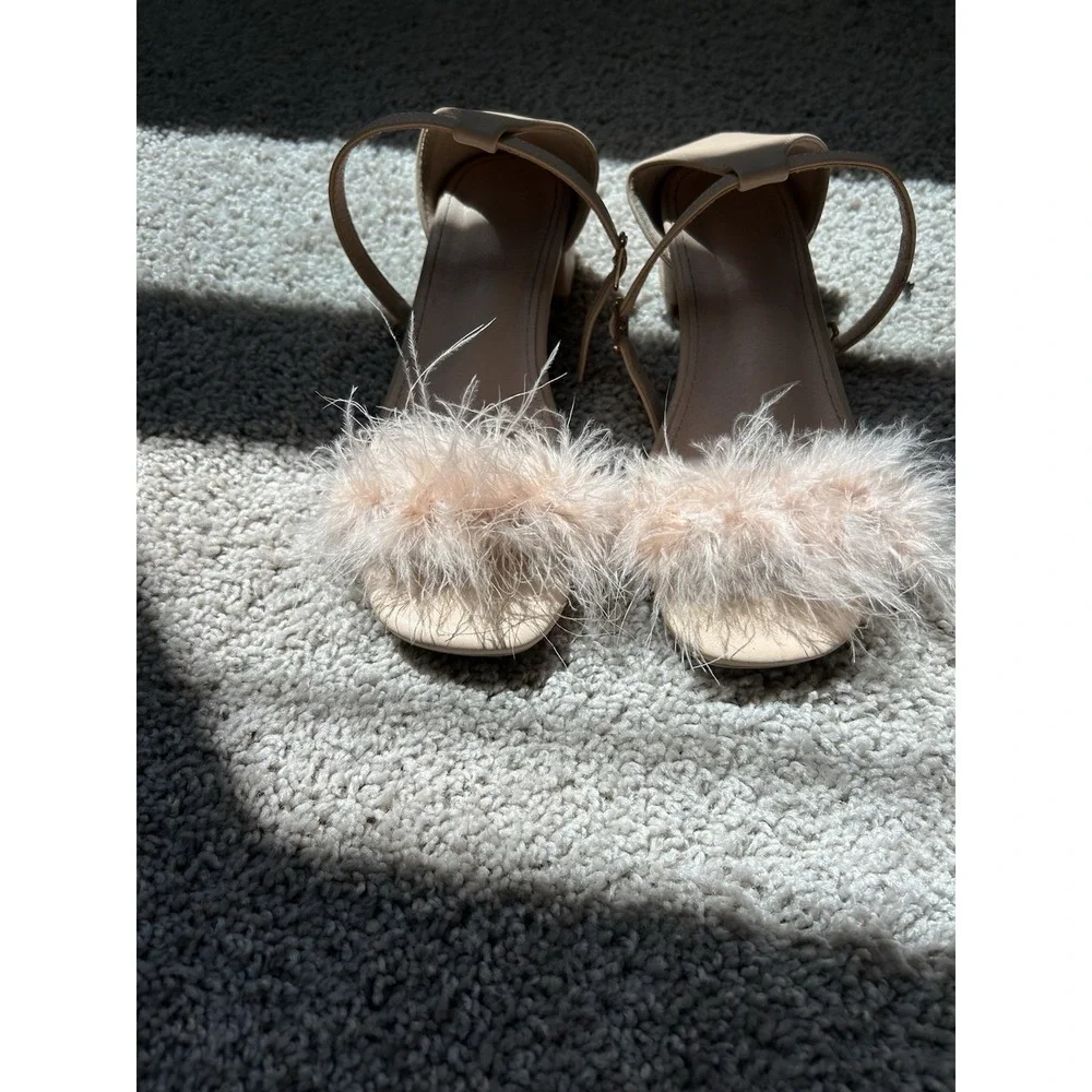 Pink  fluffy ankle strap block heels Girls 6 Y